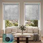V jungle greyish white motorised  light filtering roller blinds in a bright living room, providing soft natural light and daytime privacy