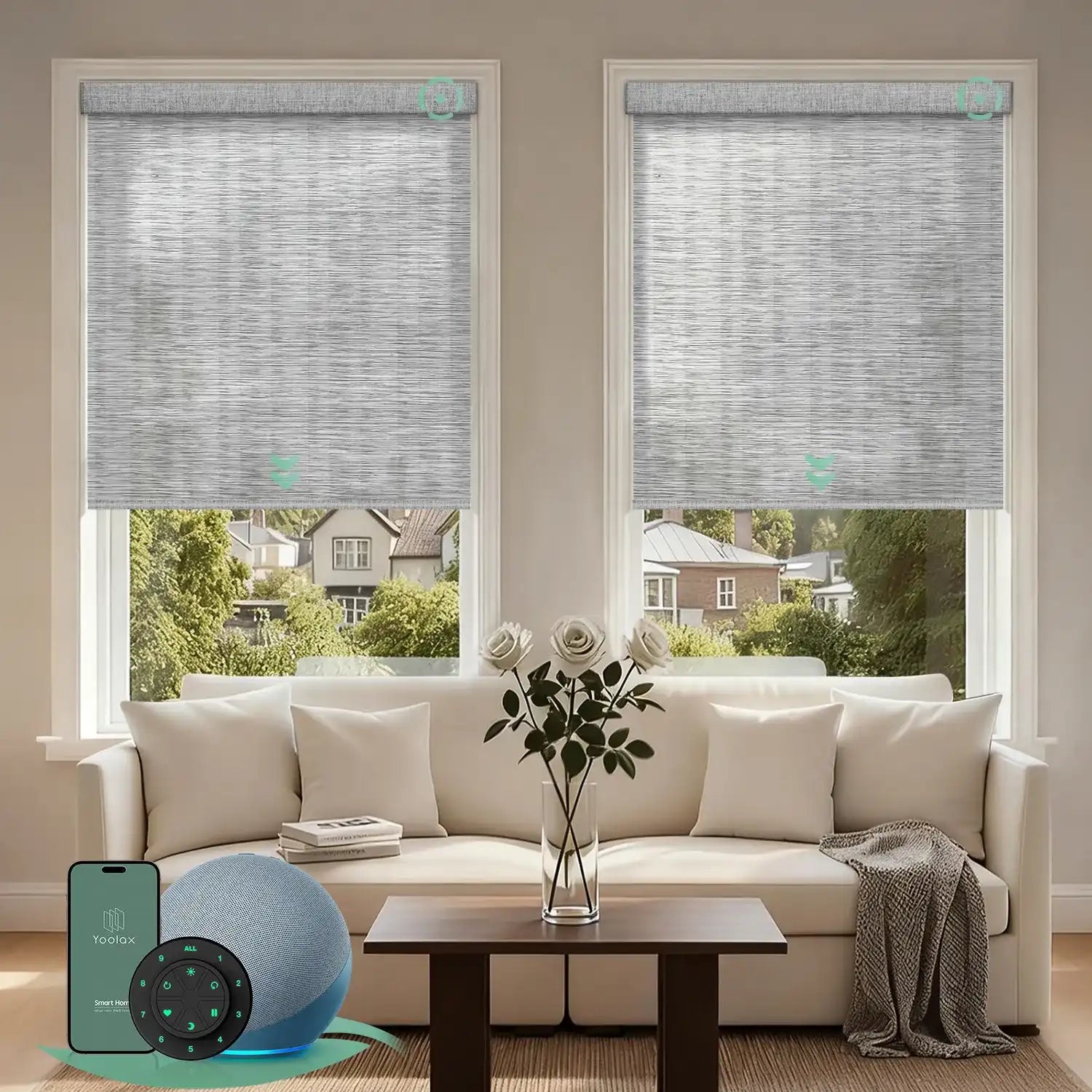 V jungle greyish white motorised  light filtering roller blinds in a bright living room, providing soft natural light and daytime privacy