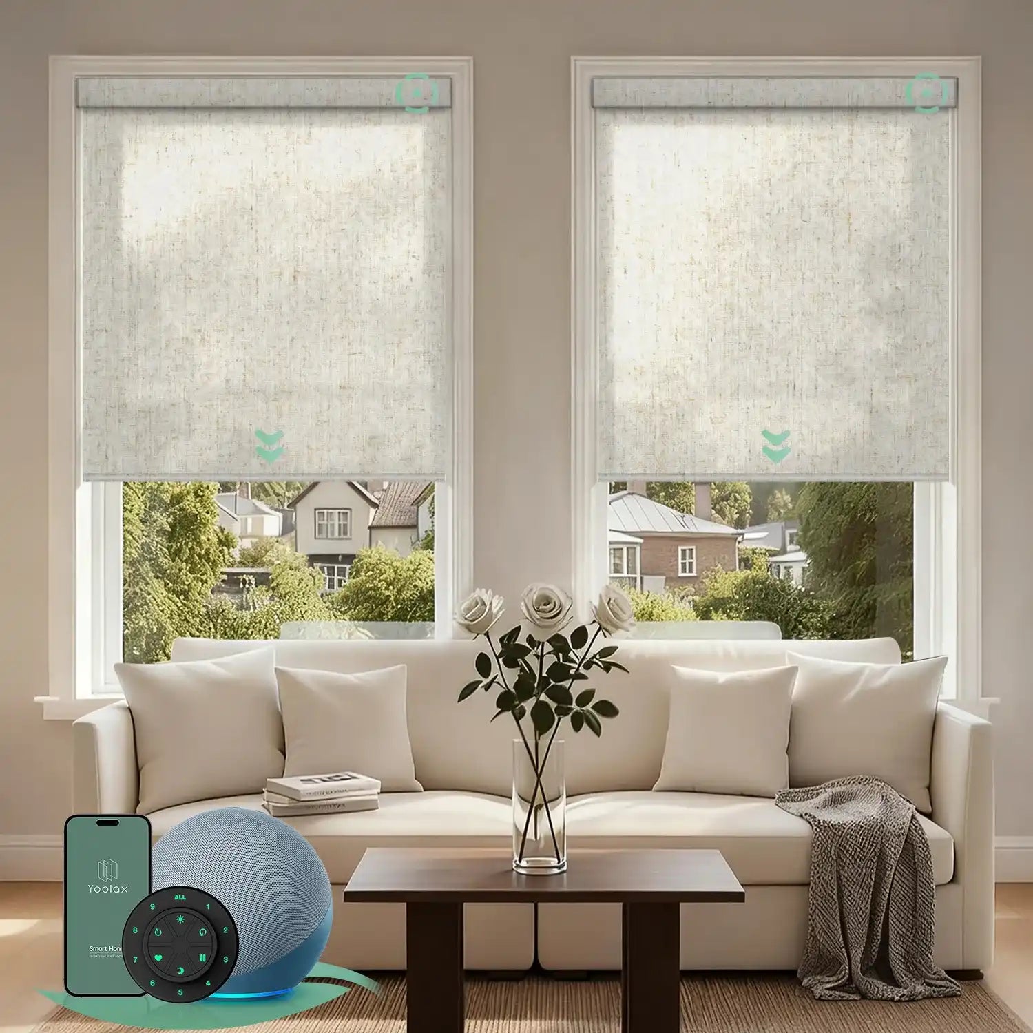 V jungle linen motorised  light filtering roller blinds in a bright living room, providing soft natural light and daytime privacy