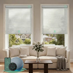 V shimmer horizontal beige motorised  light filtering roller blinds in a bright living room, providing soft natural light and daytime privacy