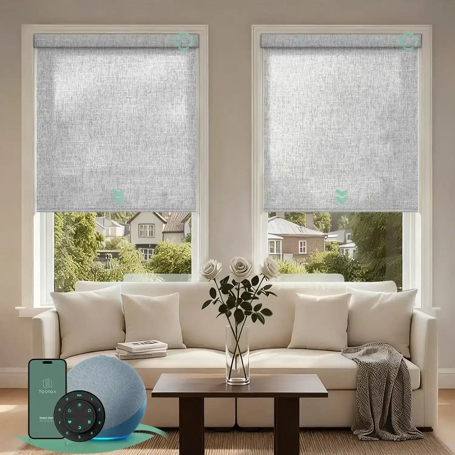 V shimmer light gray motorised  light filtering roller blinds in a bright living room, providing soft natural light and daytime privacy