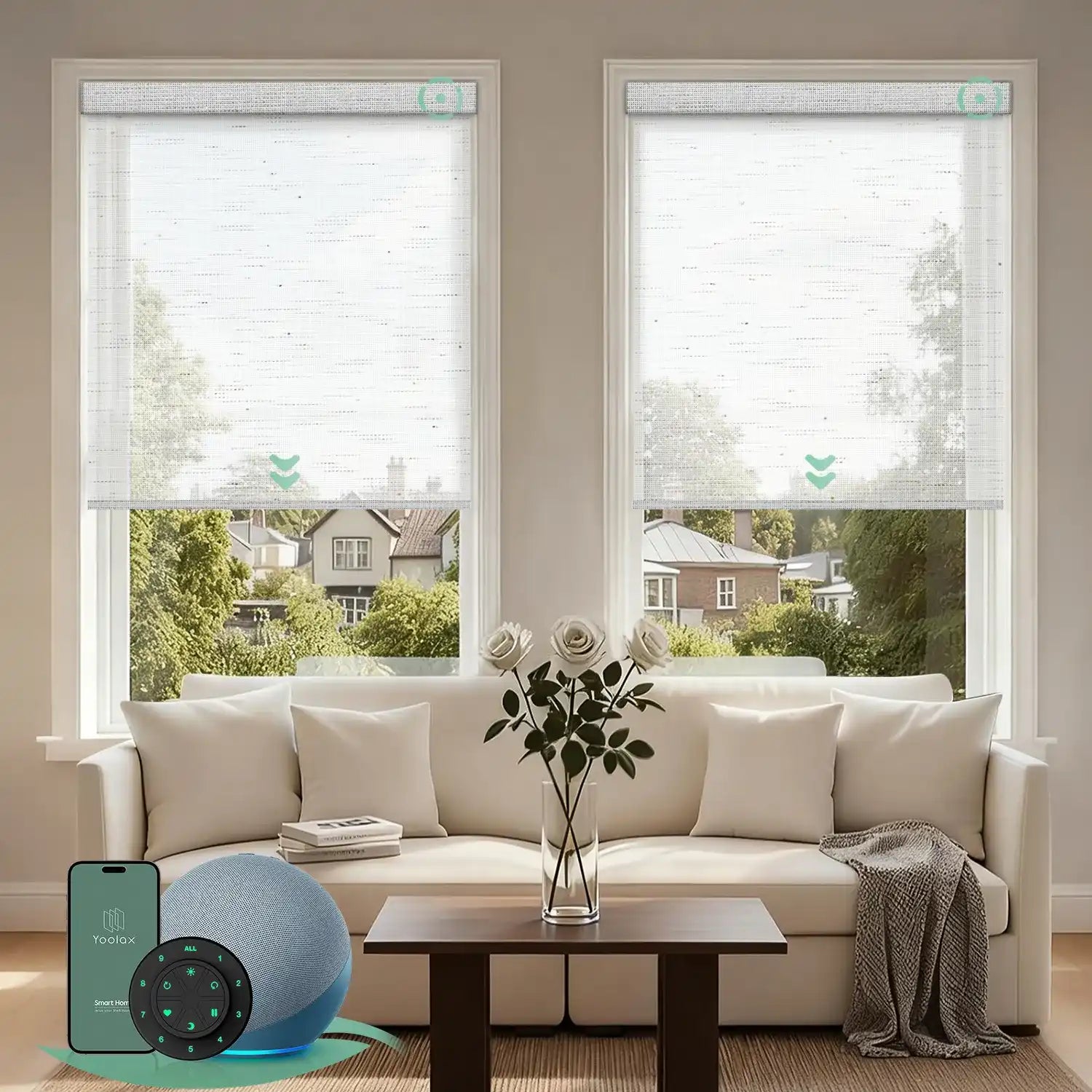 V starry white motorised  light filtering roller blinds in a bright living room, providing soft natural light and daytime privacy