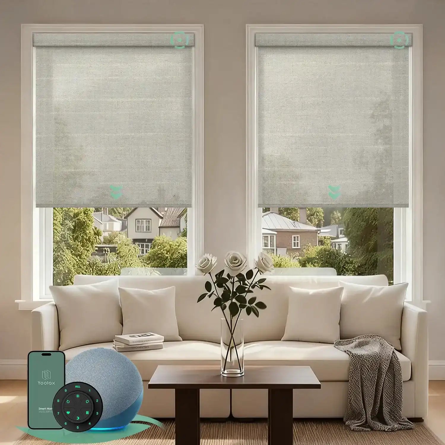 V woven dune linen motorised  light filtering roller blinds in a bright living room, providing soft natural light and daytime privacy