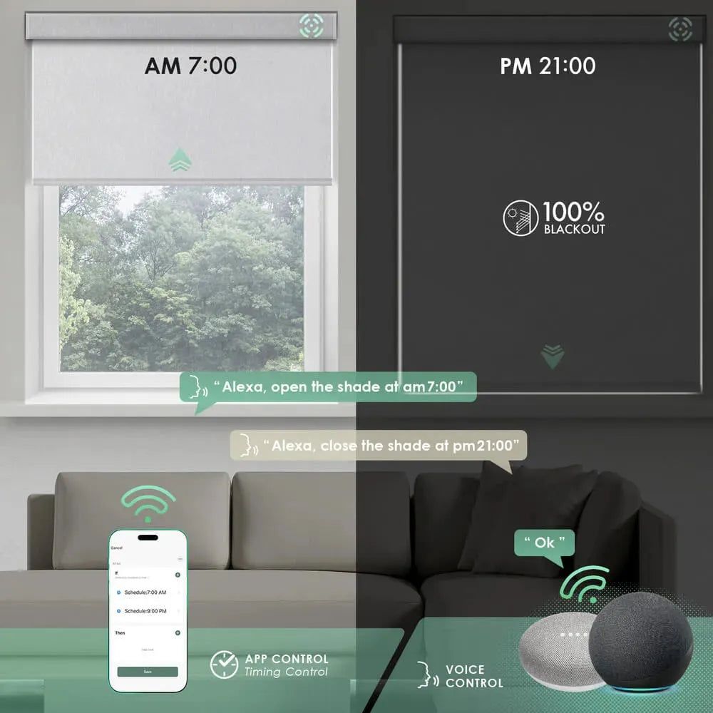 Motorised blockout roller blinds with app and voice control, showing scheduled opening in the morning and 100% blackout at night