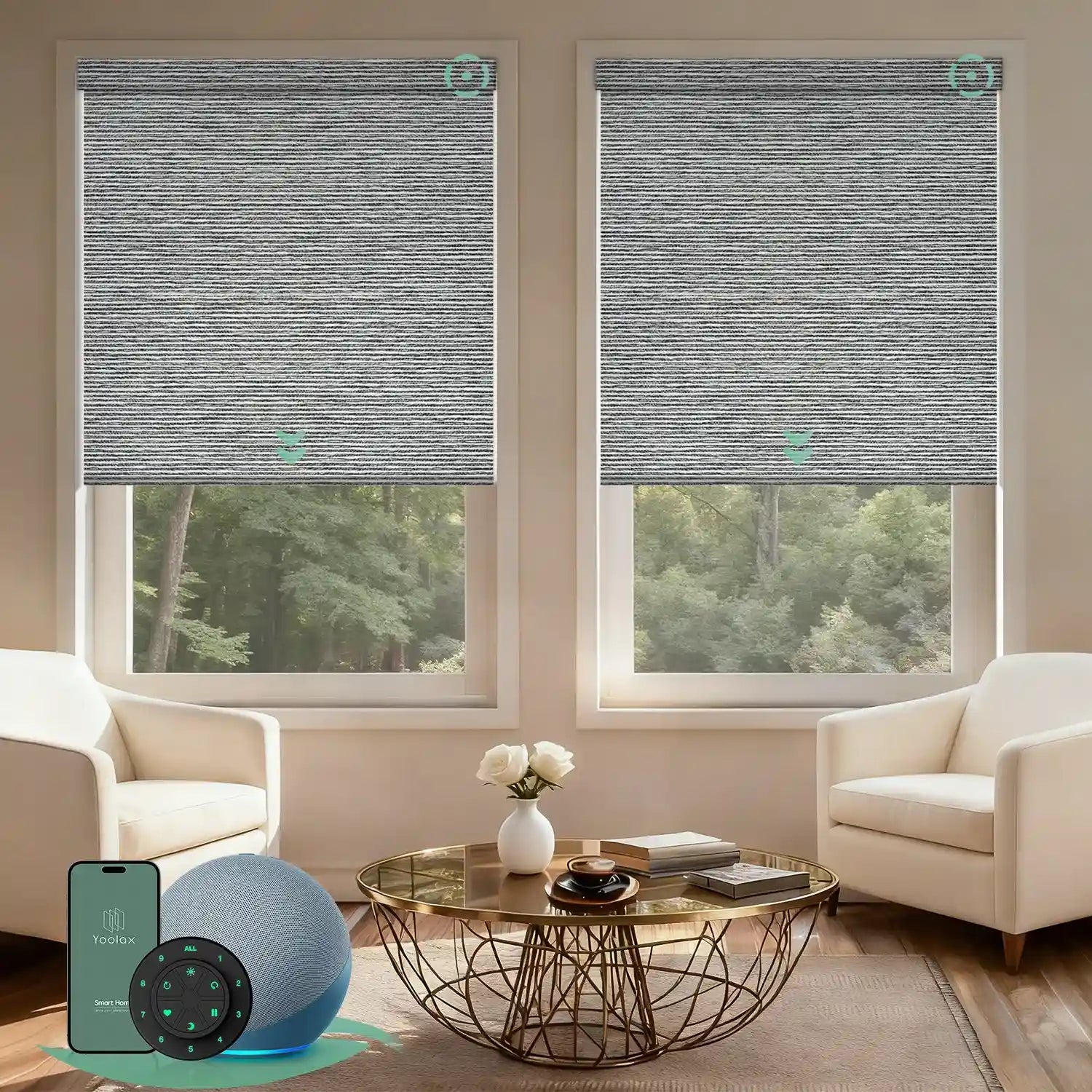 Motorised blockout roller blinds from the V-Series in v basalt stripe, providing full light blackout and smart control for a calm living room