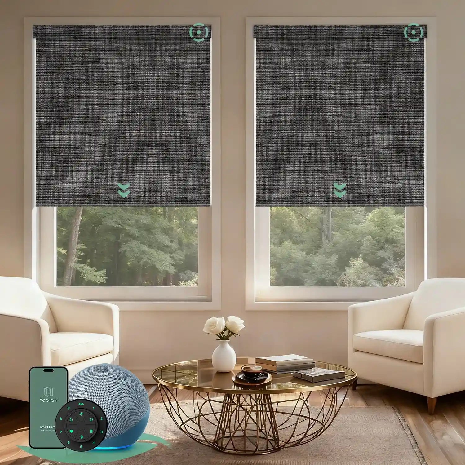 Motorised blockout roller blinds from the V-Series in v canyon black brown, providing full light blackout and smart control for a calm living room