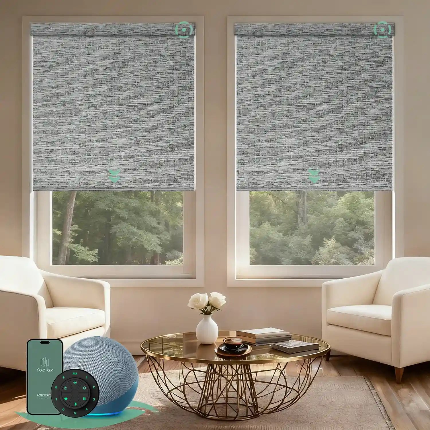 Motorised blockout roller blinds from the V-Series in v canyon grey, providing full light blackout and smart control for a calm living room