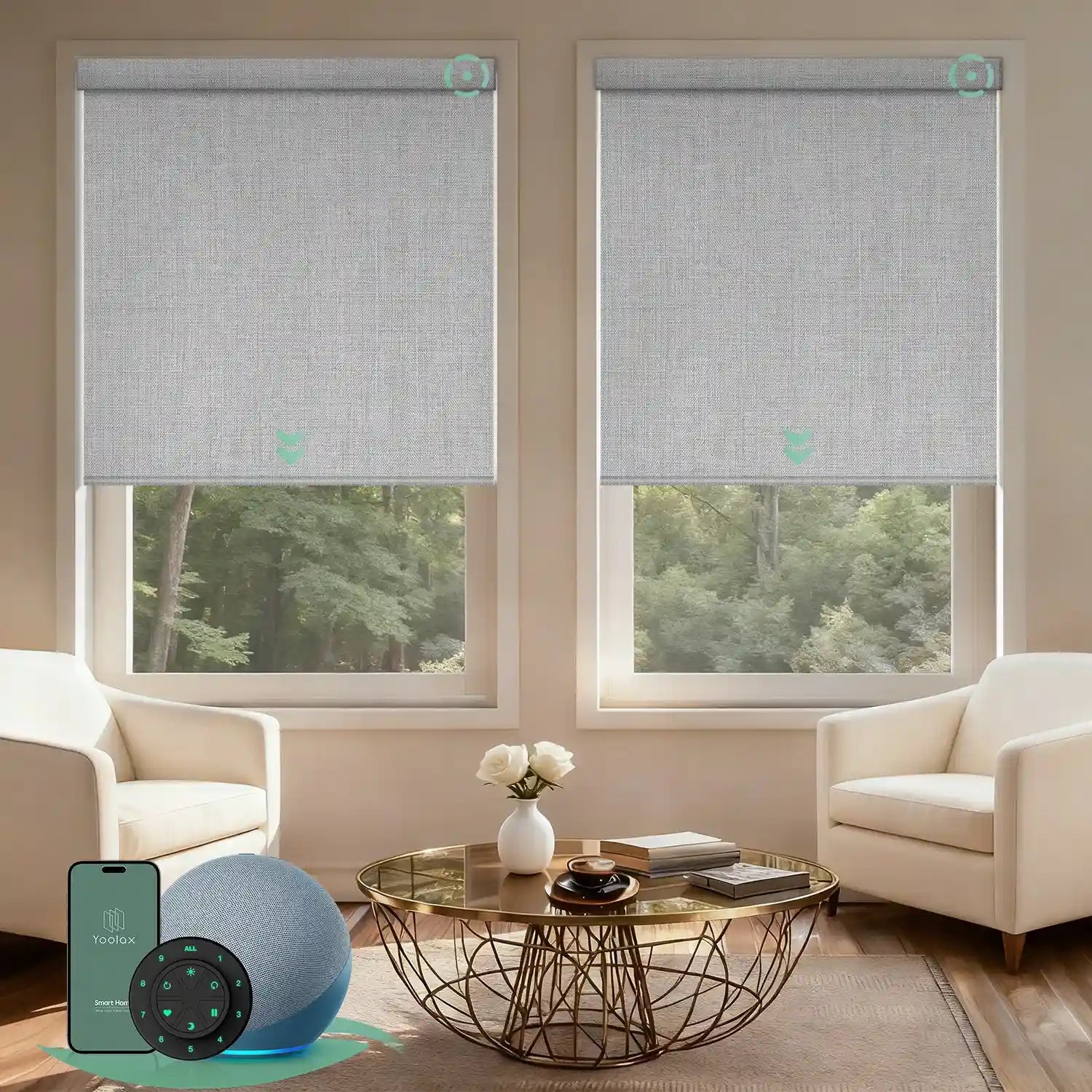 Motorised blockout roller blinds from the V-Series in v foggy white, providing full light blackout and smart control for a calm living room