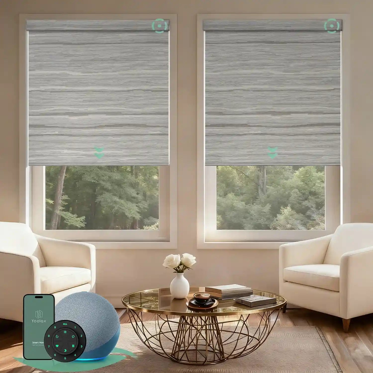 Motorised blockout roller blinds from the V-Series in v jungle grey feather, providing full light blackout and smart control for a calm living room