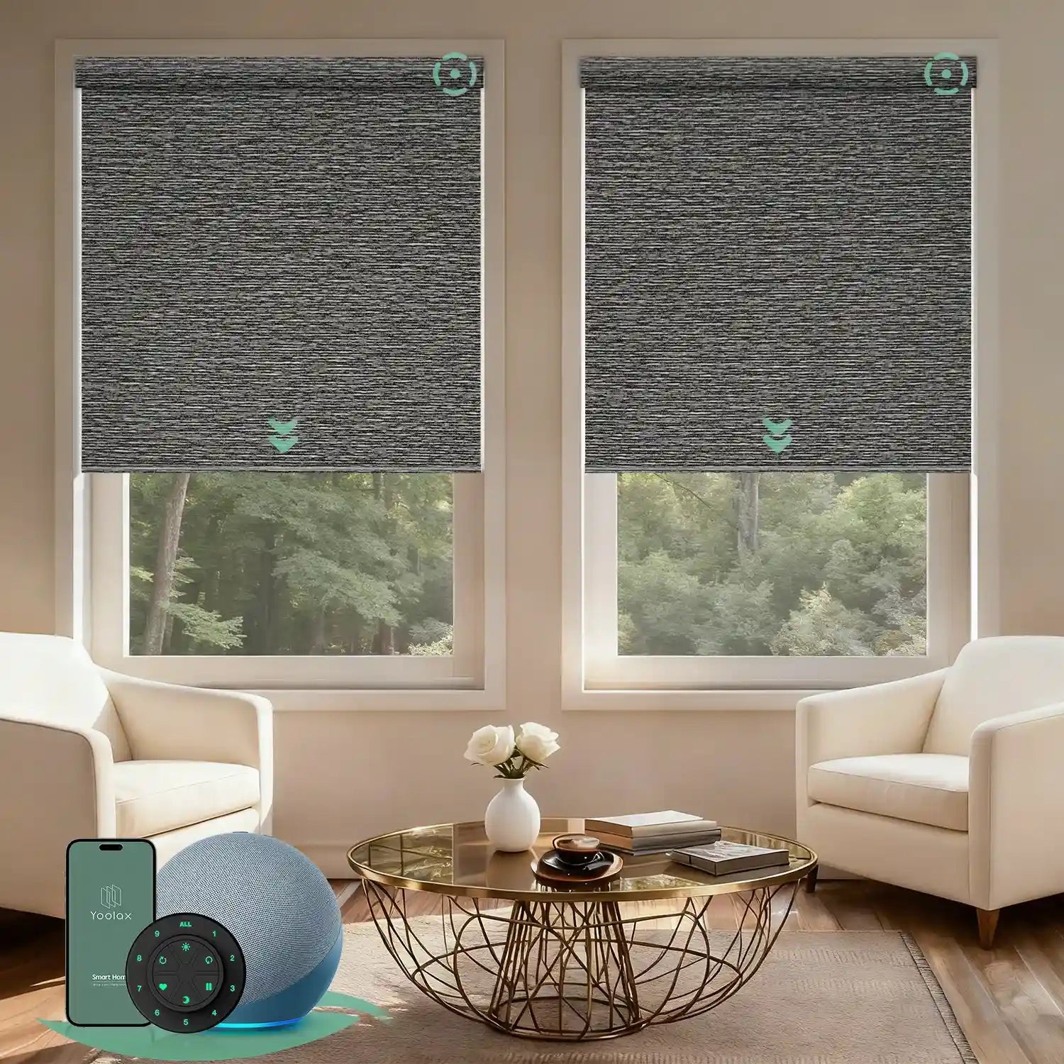 Motorised blockout roller blinds from the V-Series in v rock stripe, providing full light blackout and smart control for a calm living room