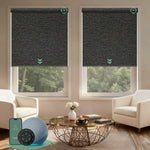 Motorised blockout roller blinds from the V-Series in v shimmer horizontal black, providing full light blackout and smart control for a calm living room