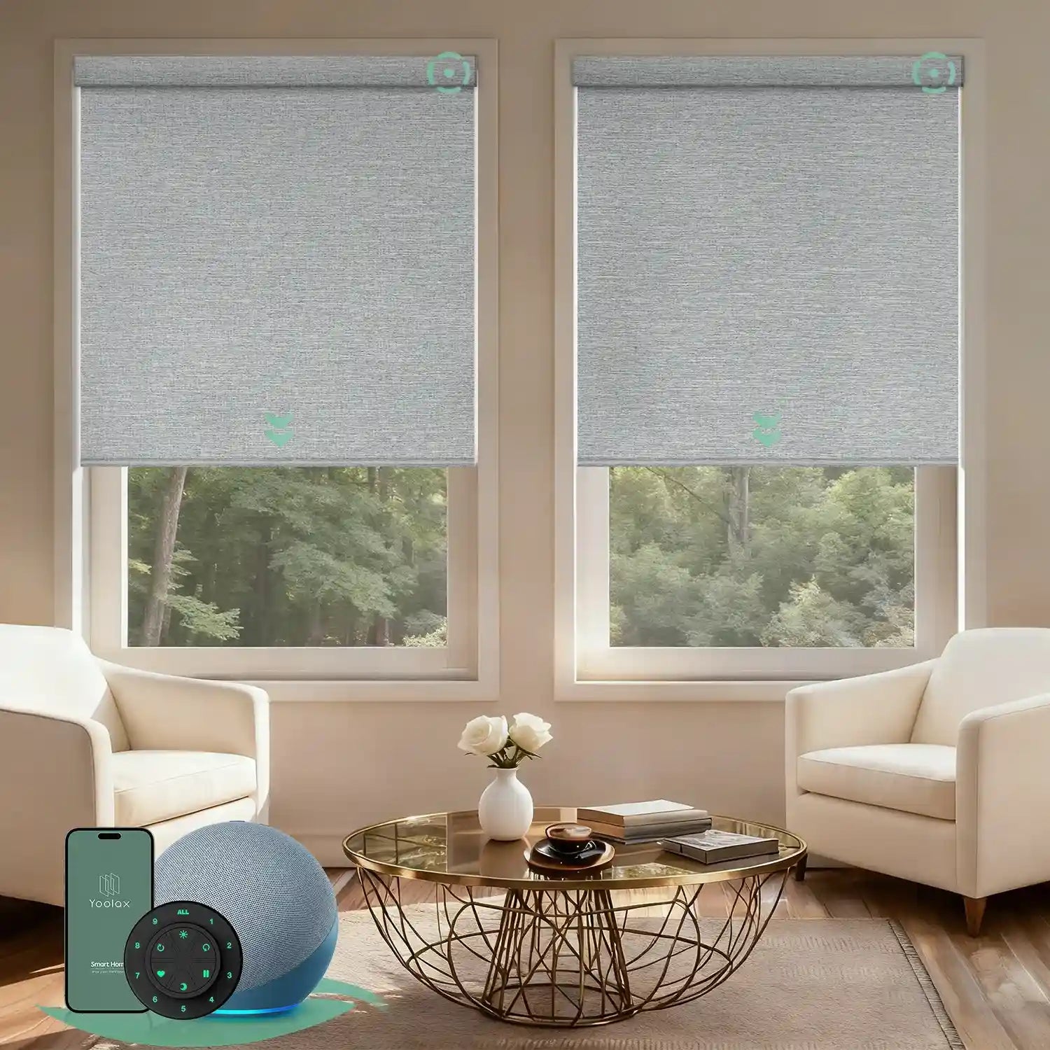 Motorised blockout roller blinds from the V-Series in v light jade, providing full light blackout and smart control for a calm living room
