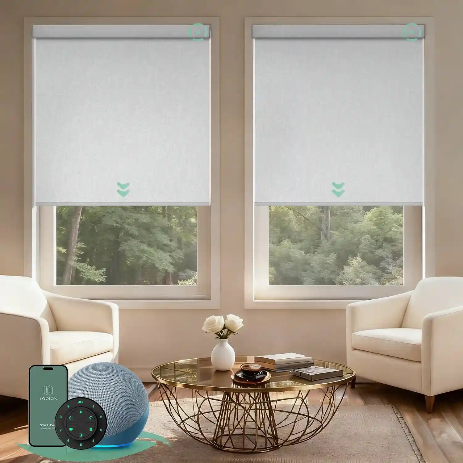 Motorised blockout roller blinds from the V-Series in V-Shimmer White, providing full light blackout and smart control for a calm living room