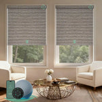 Motorised blockout roller blinds from the V-Series in v wood stripe, providing full light blackout and smart control for a calm living room