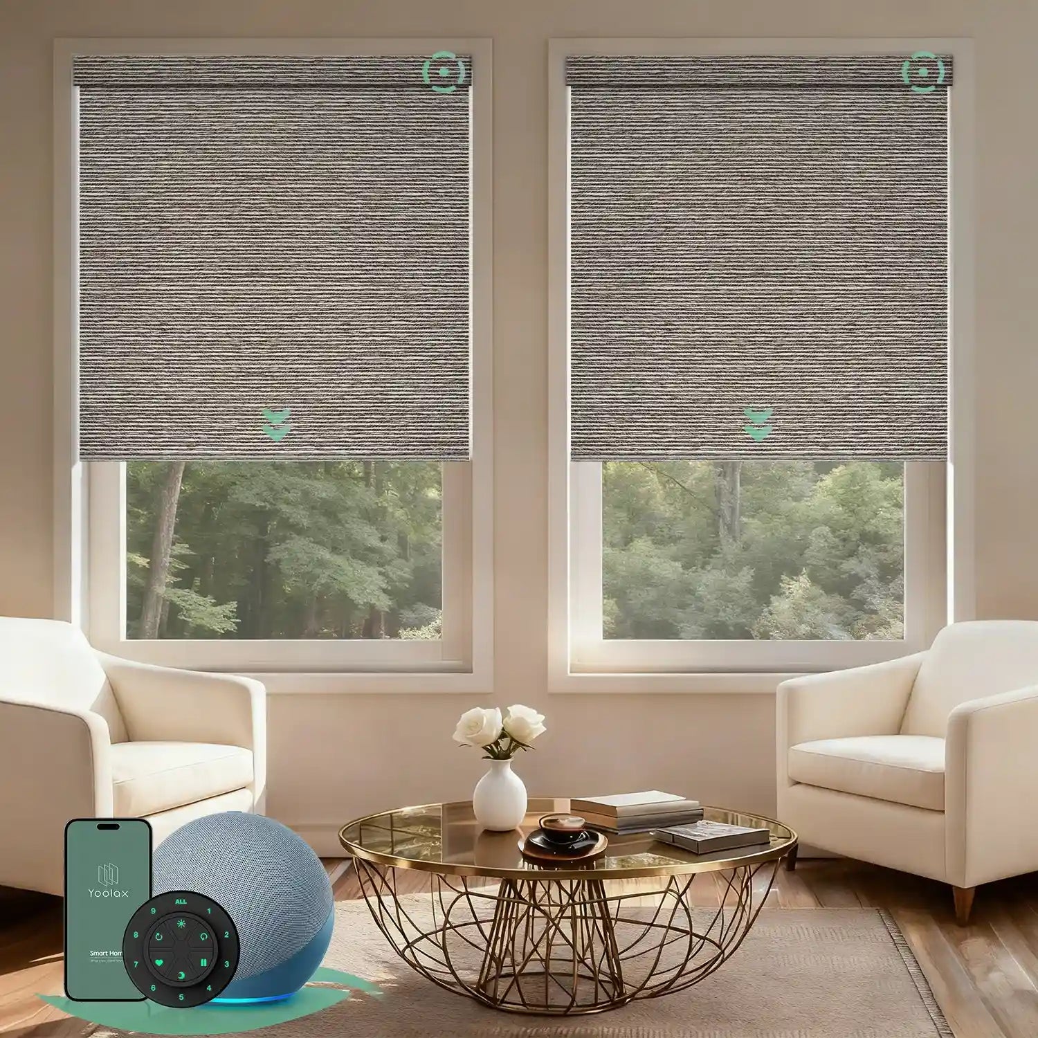 Motorised blockout roller blinds from the V-Series in v wood stripe, providing full light blackout and smart control for a calm living room