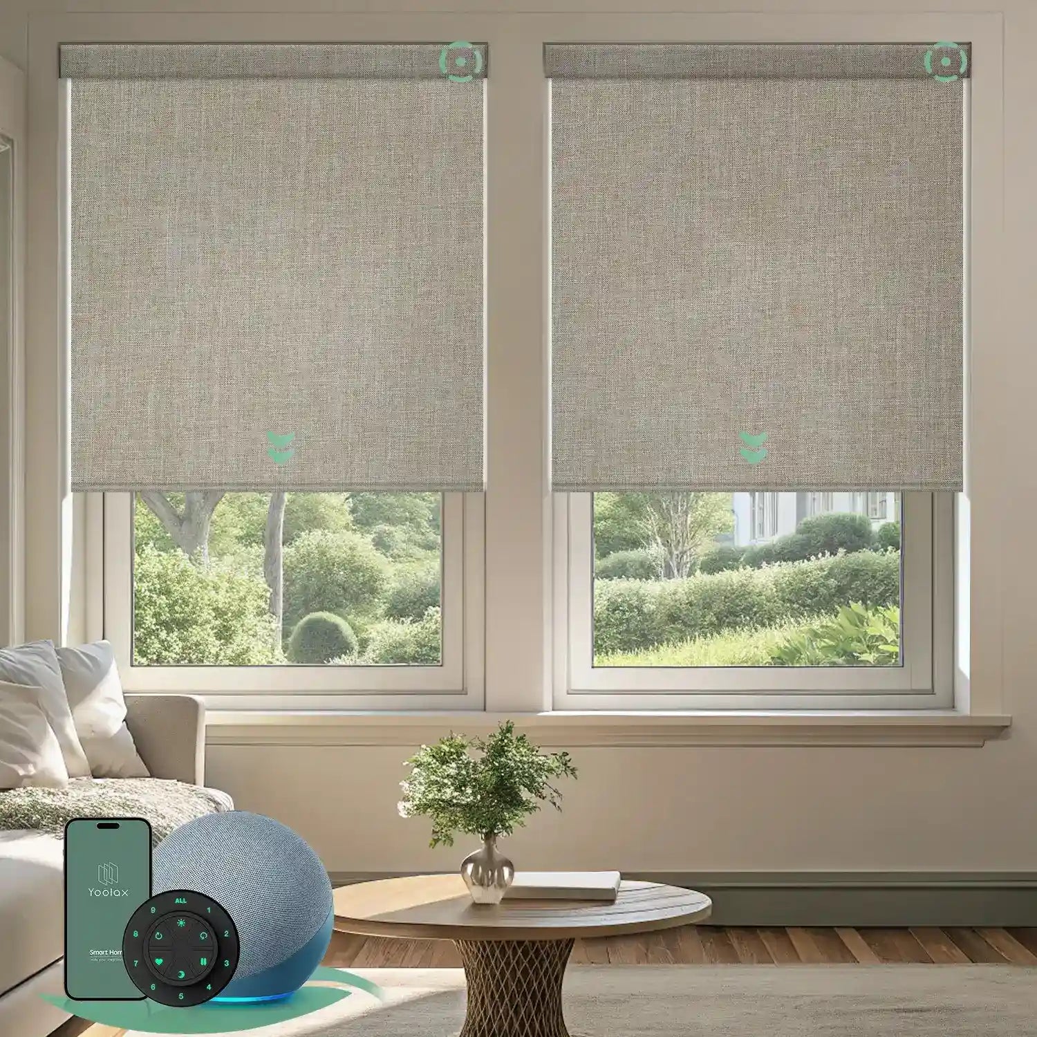 Motorised blockout roller blinds in fabric beige fabric, installed in a living room, offering soft daylight privacy with smart app and remote control.