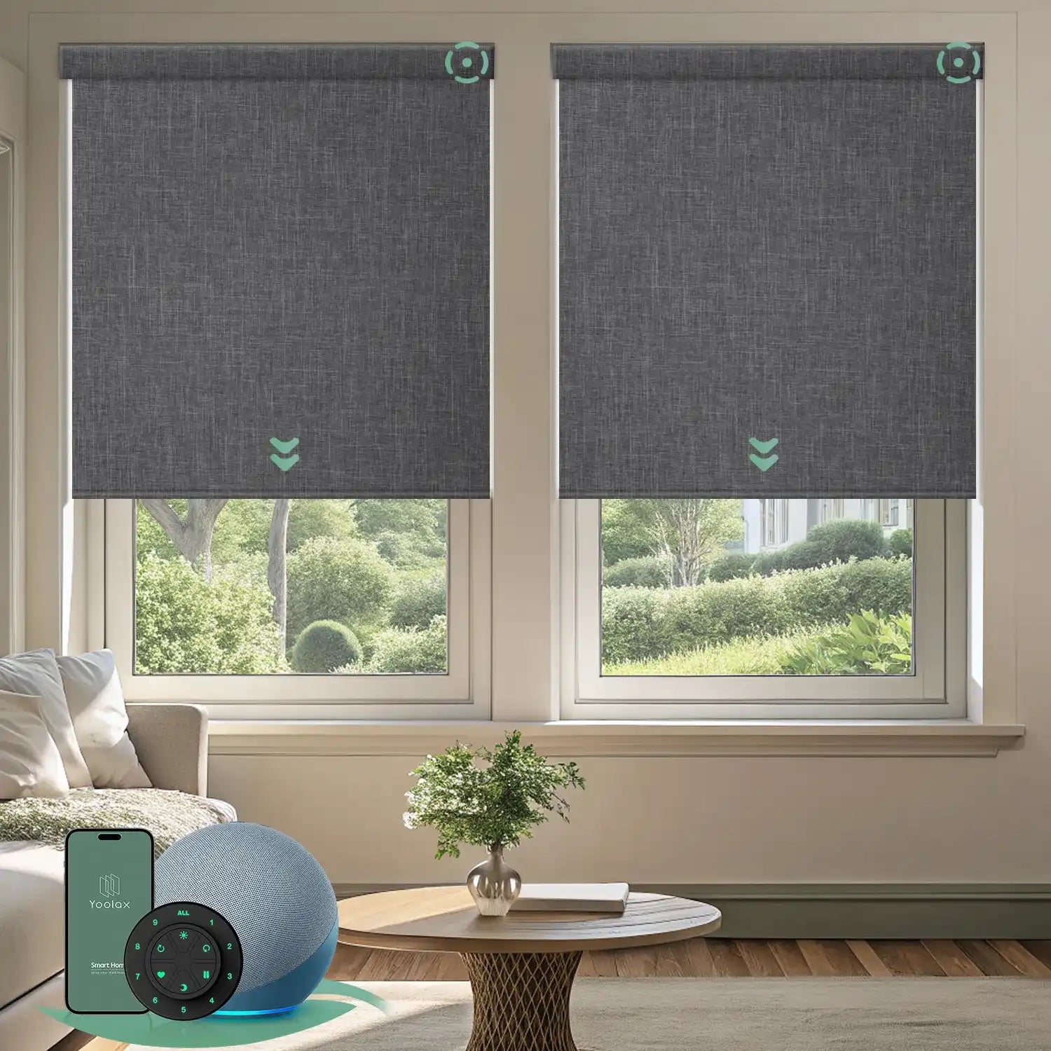 Motorised blockout roller blinds in fabric dark grey fabric, installed in a living room, offering soft daylight privacy with smart app and remote control.