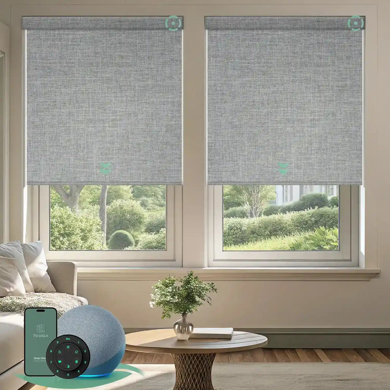 Motorised blockout roller blinds in fabric smoky grey fabric, installed in a living room, offering soft daylight privacy with smart app and remote control.