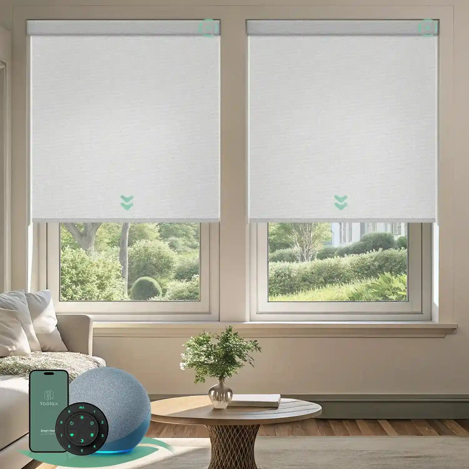 Motorised blockout roller blinds in fabric white fabric, installed in a living room, offering soft daylight privacy with smart app and remote control.