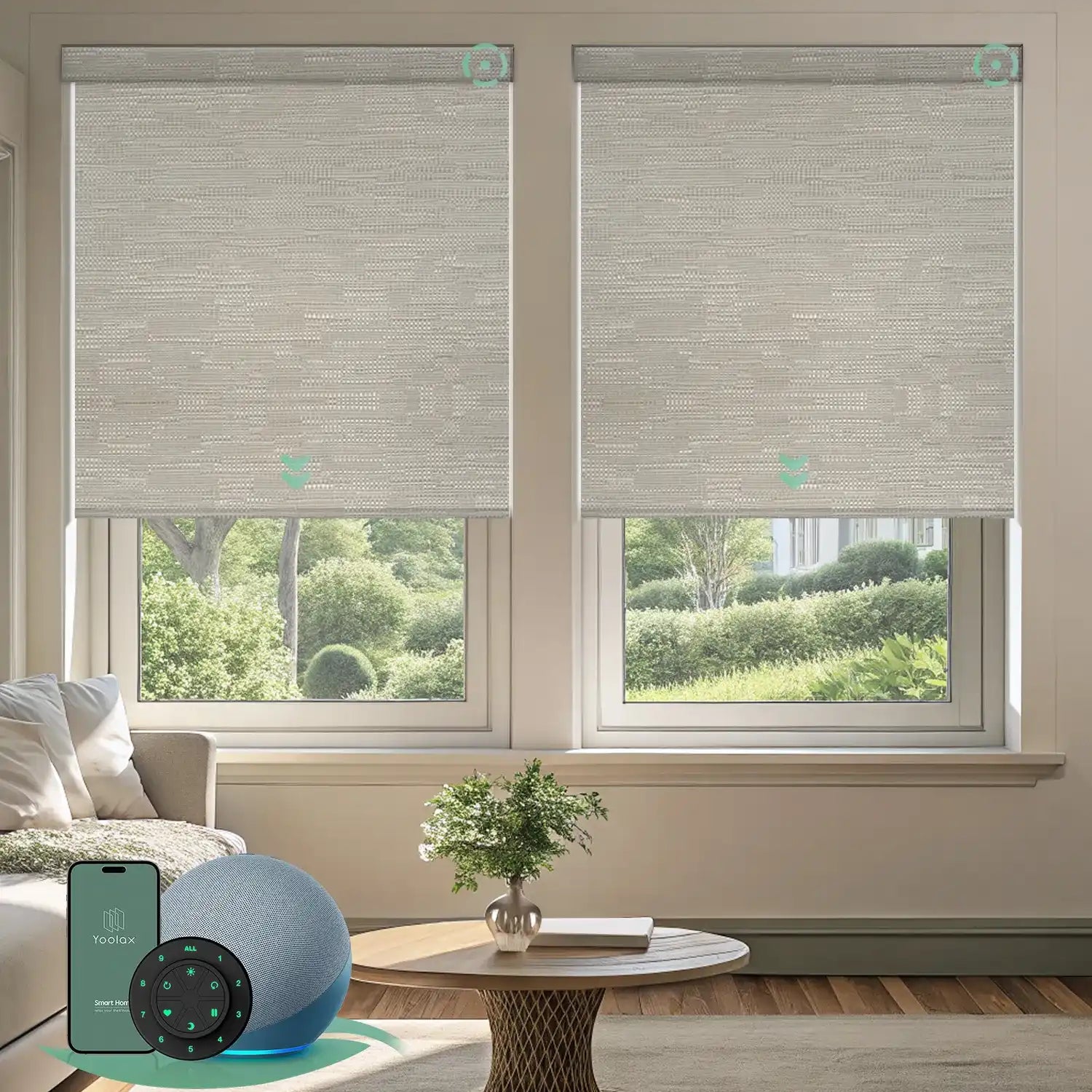 Motorised blockout roller blinds in jacquard coffee fabric, installed in a living room, offering soft daylight privacy with smart app and remote control.
