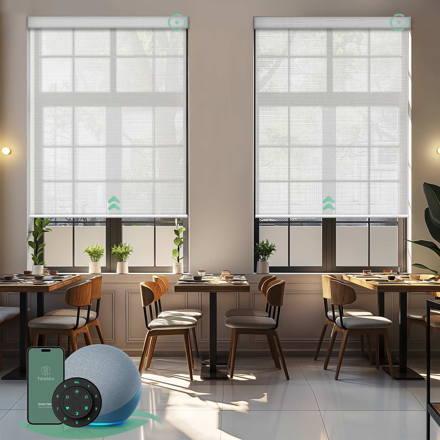 Motorised sunscreen roller blinds with 10% openness in white pebble fabric, filtering daylight while maintaining outdoor views and privacy