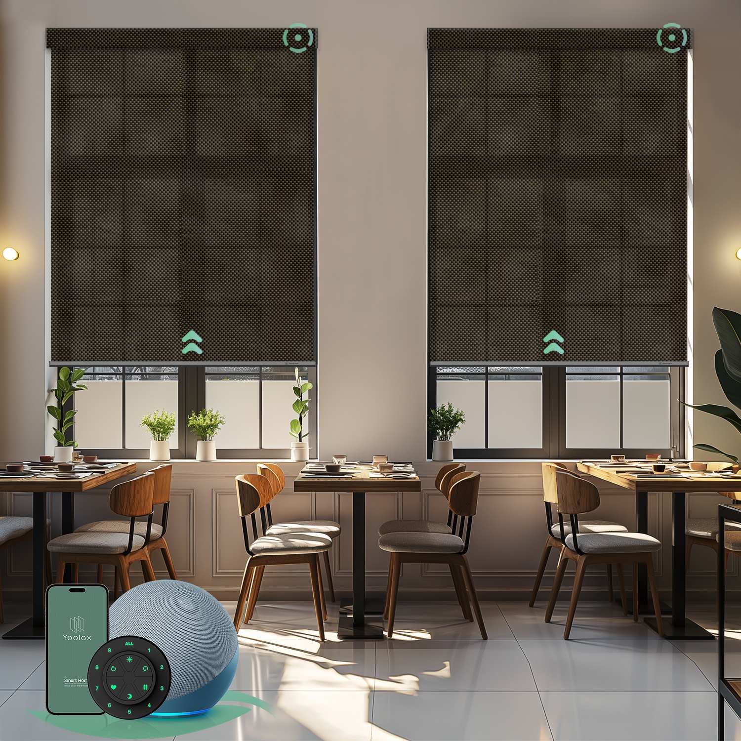 Motorised sunscreen roller blinds with 3% openness in grey brown fabric, filtering daylight while maintaining outdoor views and privacy