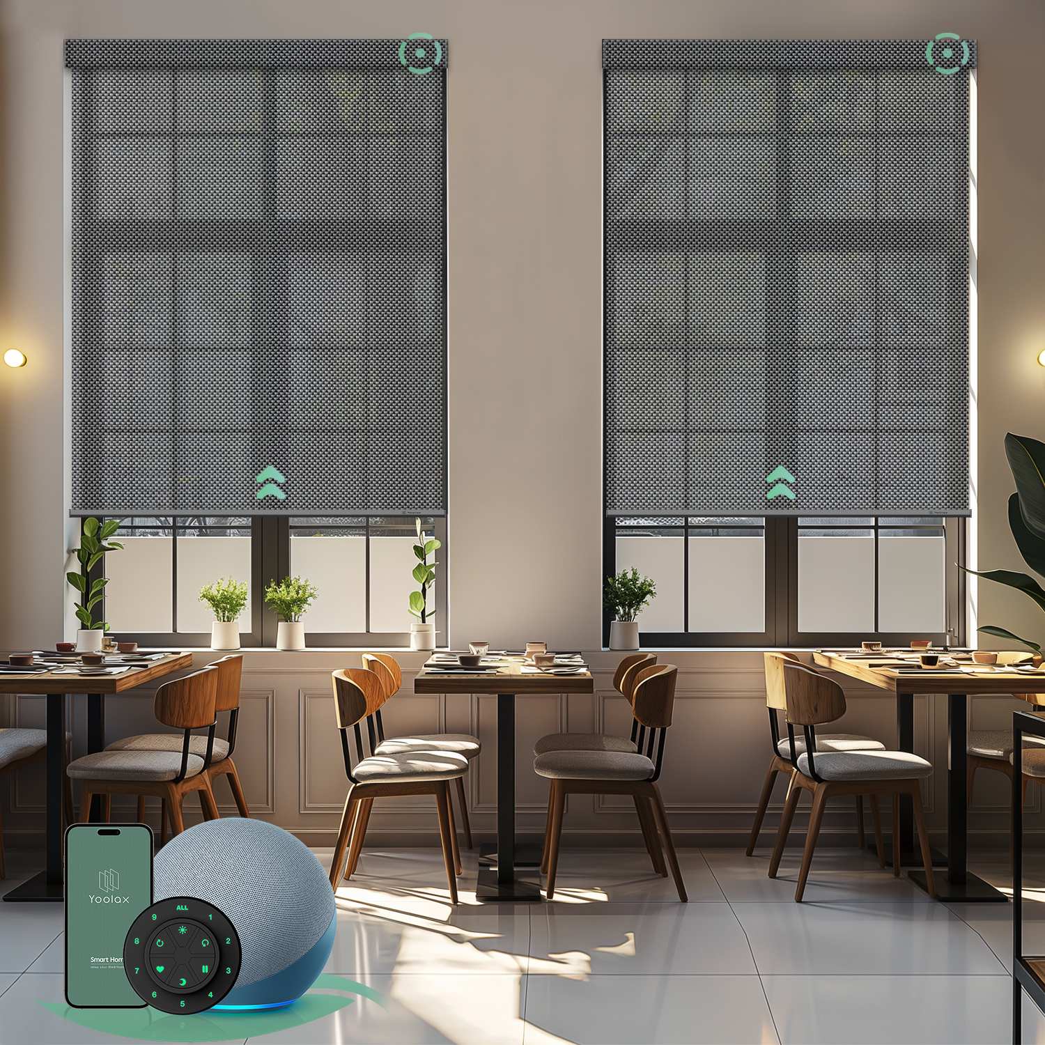 Motorised sunscreen roller blinds with 3% openness in greyish black fabric, filtering daylight while maintaining outdoor views and privacy