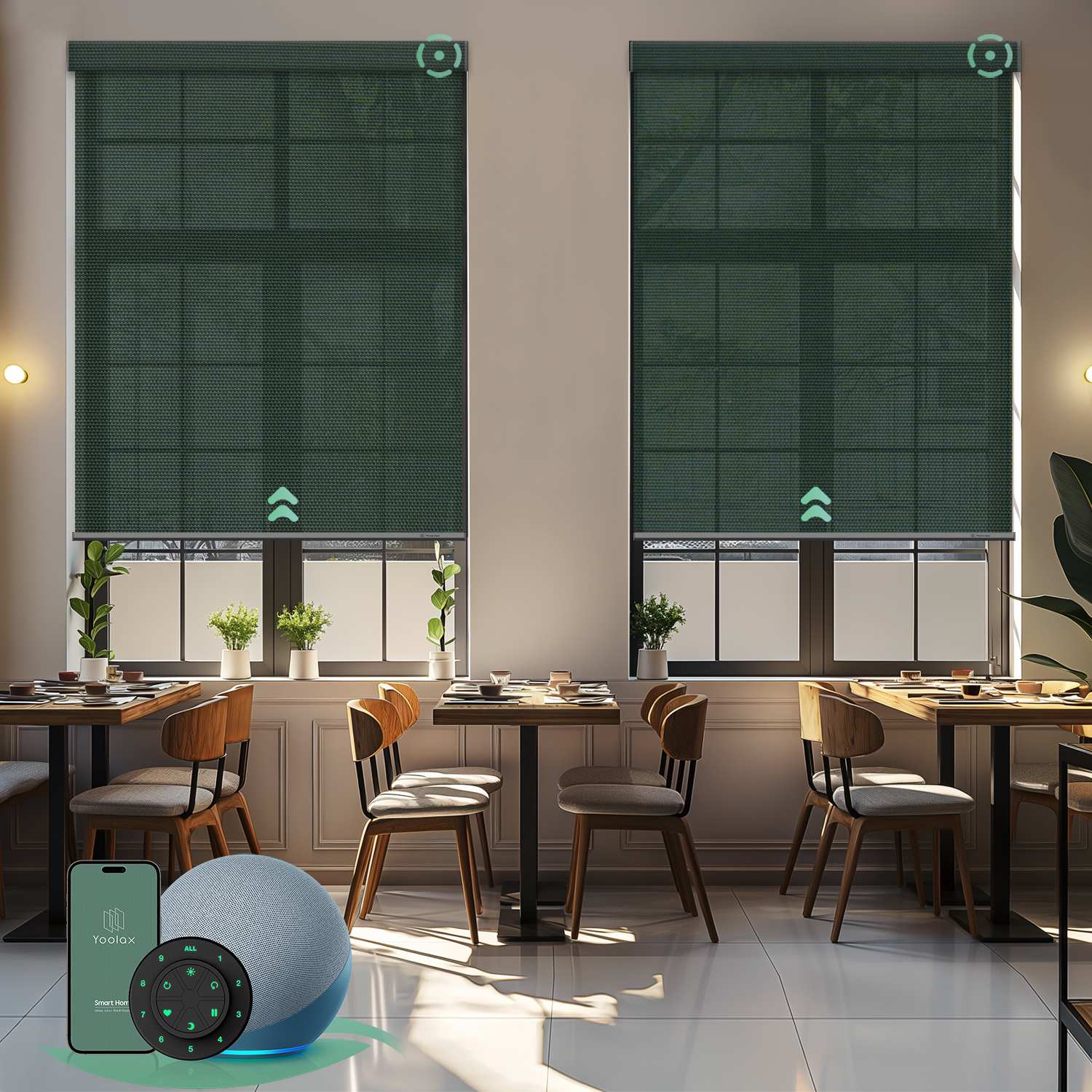 Motorised sunscreen roller blinds with 5% openness in jade green fabric, filtering daylight while maintaining outdoor views and privacy