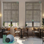 Motorised sunscreen roller blinds with 5% openness in mint oat latte fabric, filtering daylight while maintaining outdoor views and privacy