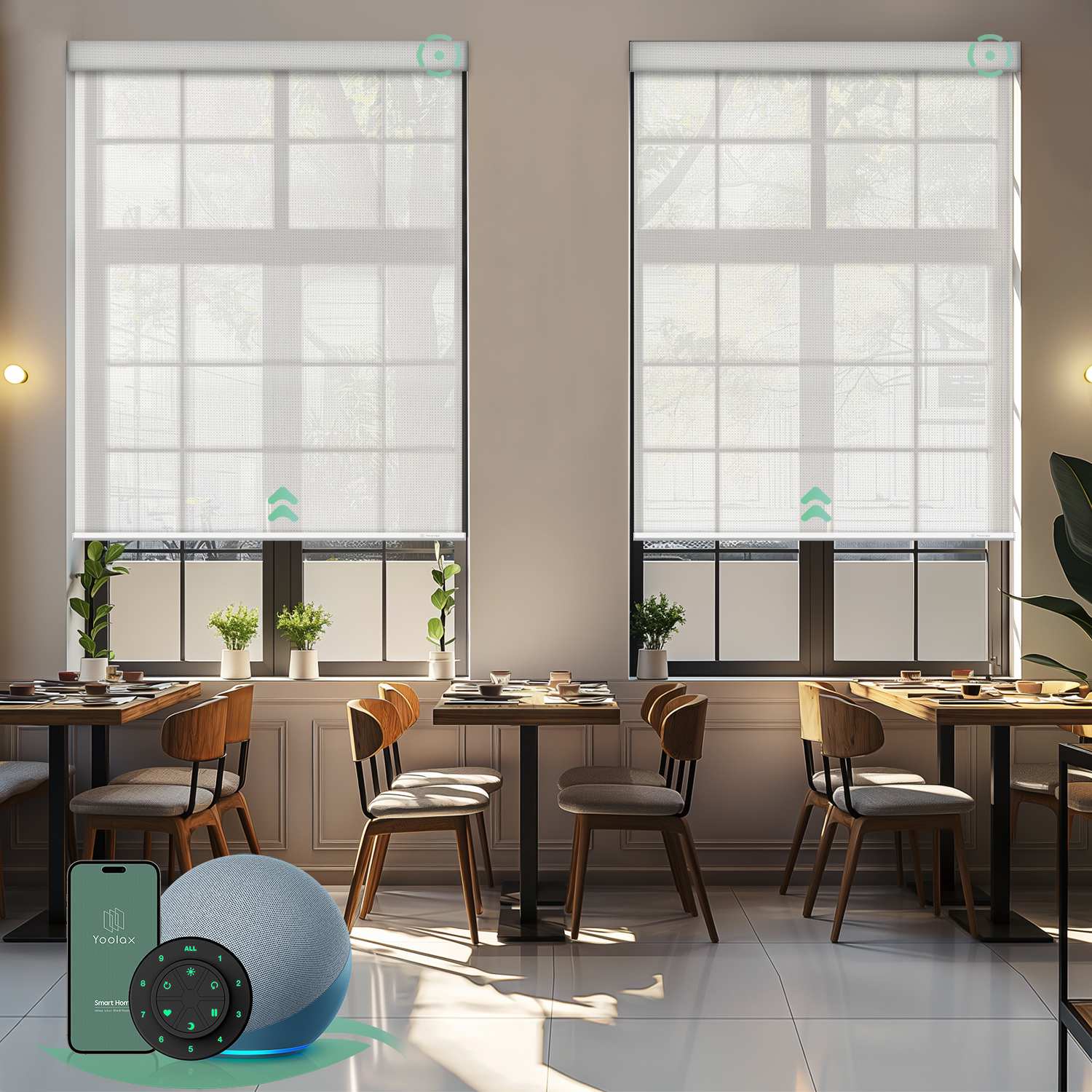 Motorised sunscreen roller blinds with 5% openness in white fabric, filtering daylight while maintaining outdoor views and privacy