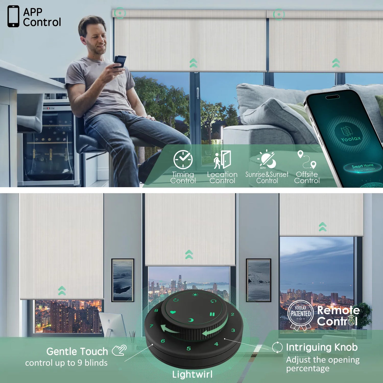 Motorised sunscreen roller blinds controlled by app and remote, offering timing, sunrise sunset automation, and precise opening adjustment