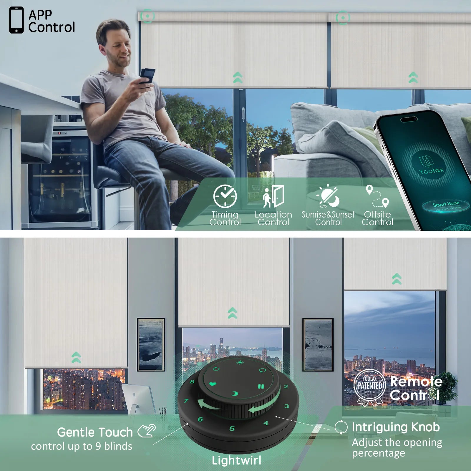 Motorised sunscreen roller blinds controlled by app and remote, offering timing, sunrise sunset automation, and precise opening adjustment