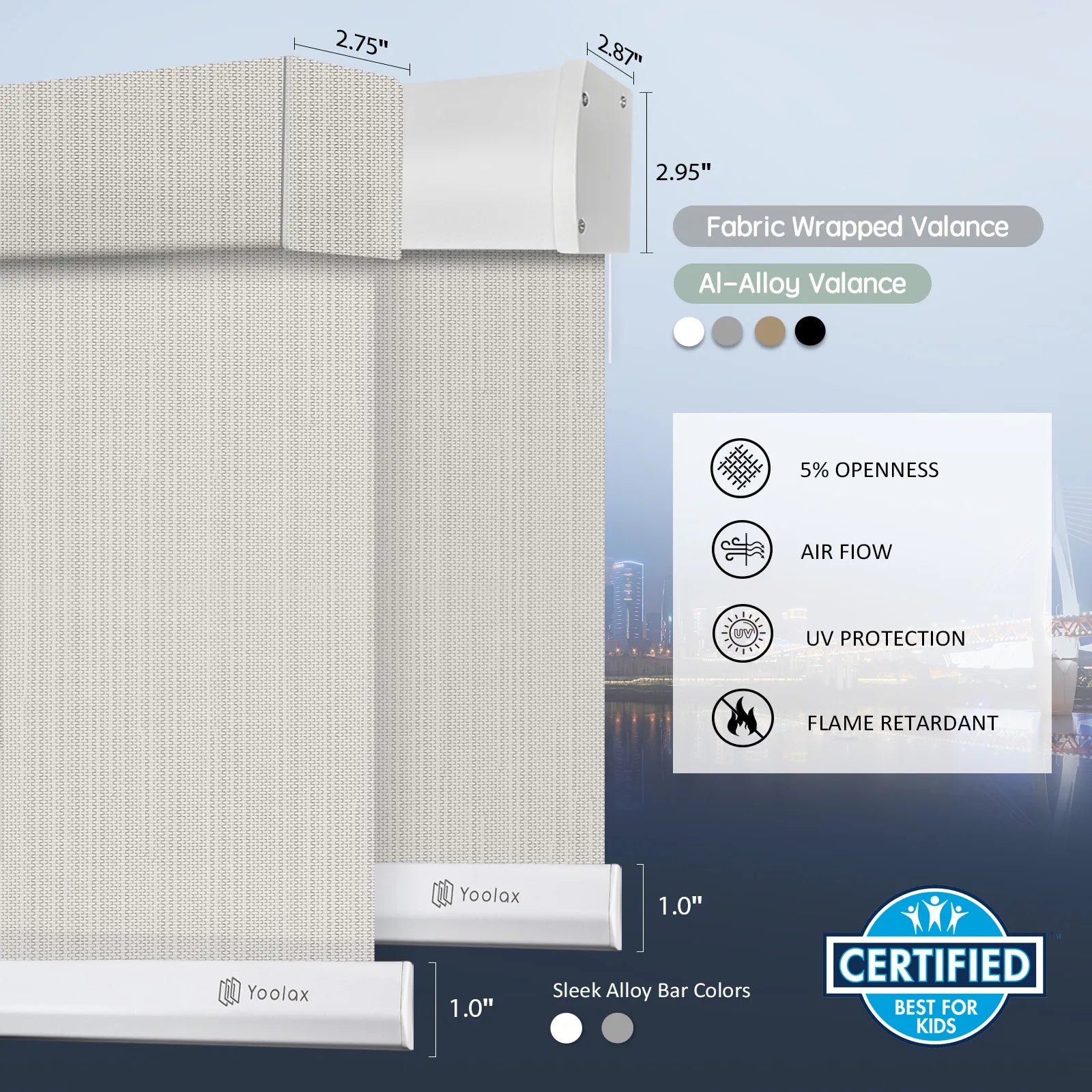 Motorised sunscreen roller blinds with 5% openness fabric, offering airflow, UV protection, flame retardant performance, and valance options