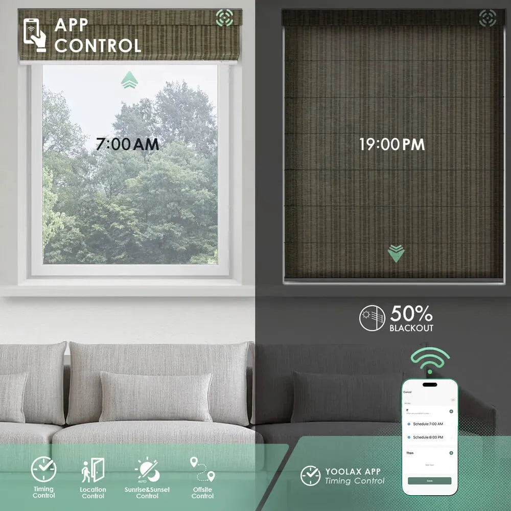 Motorised light filtering roman blinds with app control, showing scheduled opening in the morning and adjustable privacy in the evening