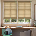 Motorised light filtering roman blinds with haystack yellow fabric, softly diffusing daylight while maintaining privacy
