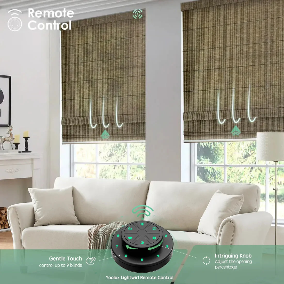 Motorised light filtering roman blinds in striped brown fabric with remote control, allowing precise opening adjustment for everyday comfort