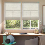Motorised light filtering roman blinds with light coffee fabric, softly diffusing daylight while maintaining privacy