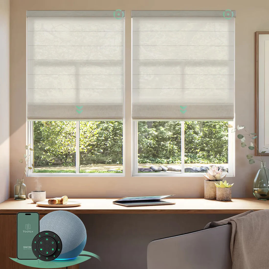 Motorised light filtering roman blinds with light coffee fabric, softly diffusing daylight while maintaining privacy