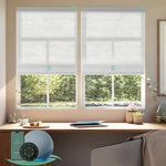 Motorised light filtering roman blinds with semi sheer white fabric, softly diffusing daylight while maintaining privacy