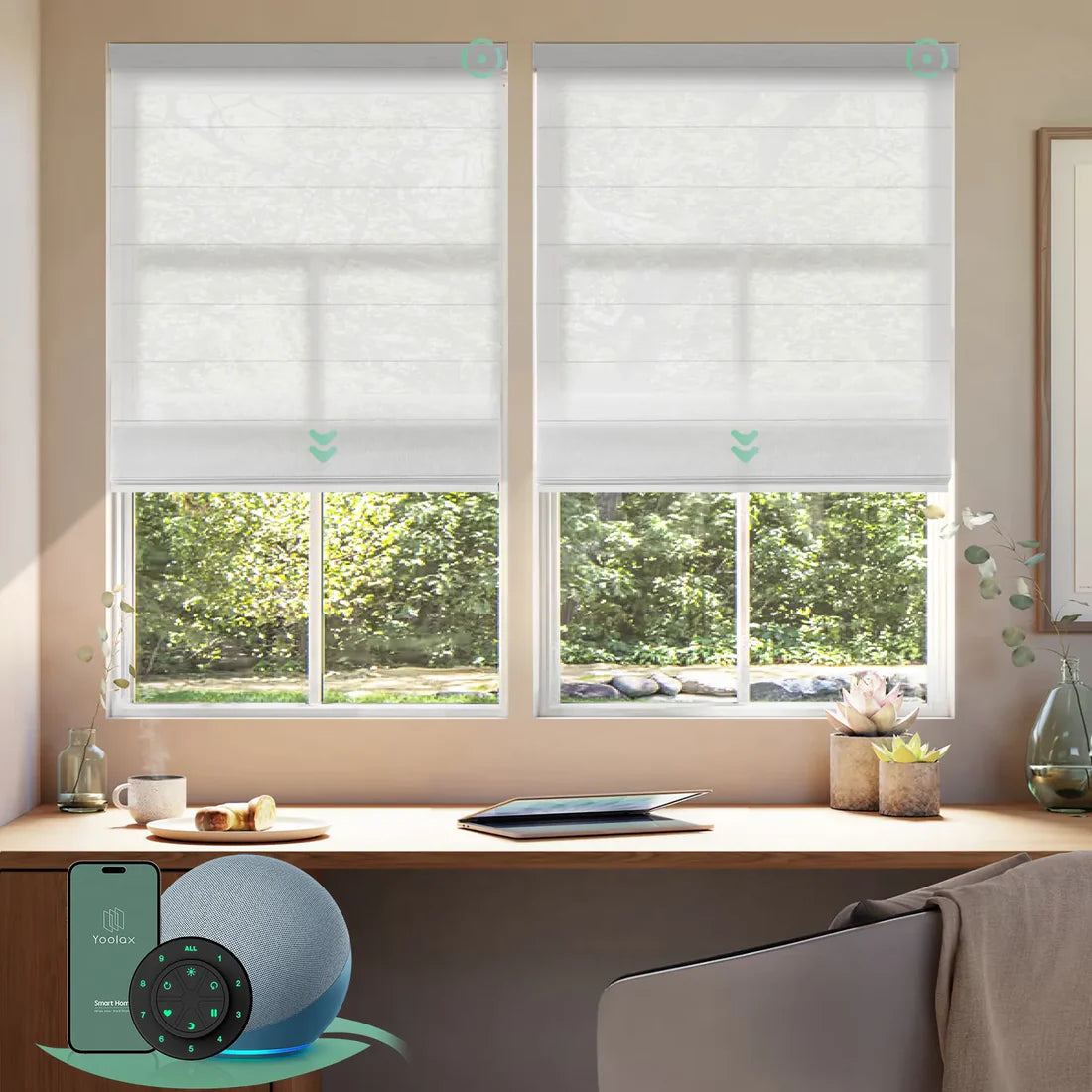 Motorised light filtering roman blinds with semi sheer white fabric, softly diffusing daylight while maintaining privacy