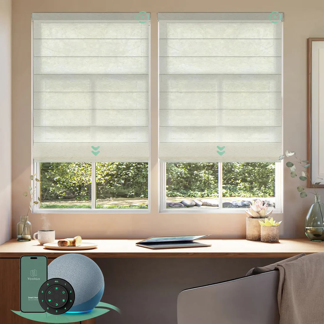 Motorised light filtering roman blinds with starry white fabric, softly diffusing daylight while maintaining privacy
