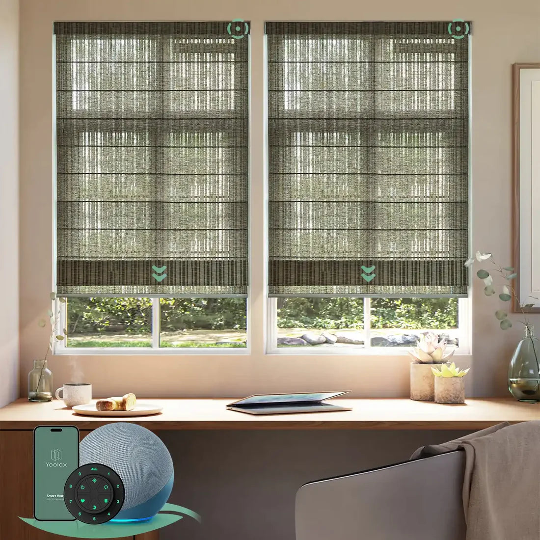 Motorised light filtering roman blinds with striped brown fabric, softly diffusing daylight while maintaining privacy