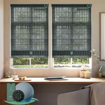 Motorised light filtering roman blinds with strip dark grey fabric, softly diffusing daylight while maintaining privacy