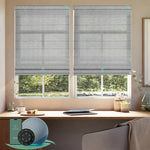 Motorised light filtering roman blinds with strip light grey fabric, softly diffusing daylight while maintaining privacy