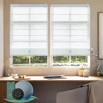 Motorised light filtering roman blinds with striped white fabric, softly diffusing daylight while maintaining privacy