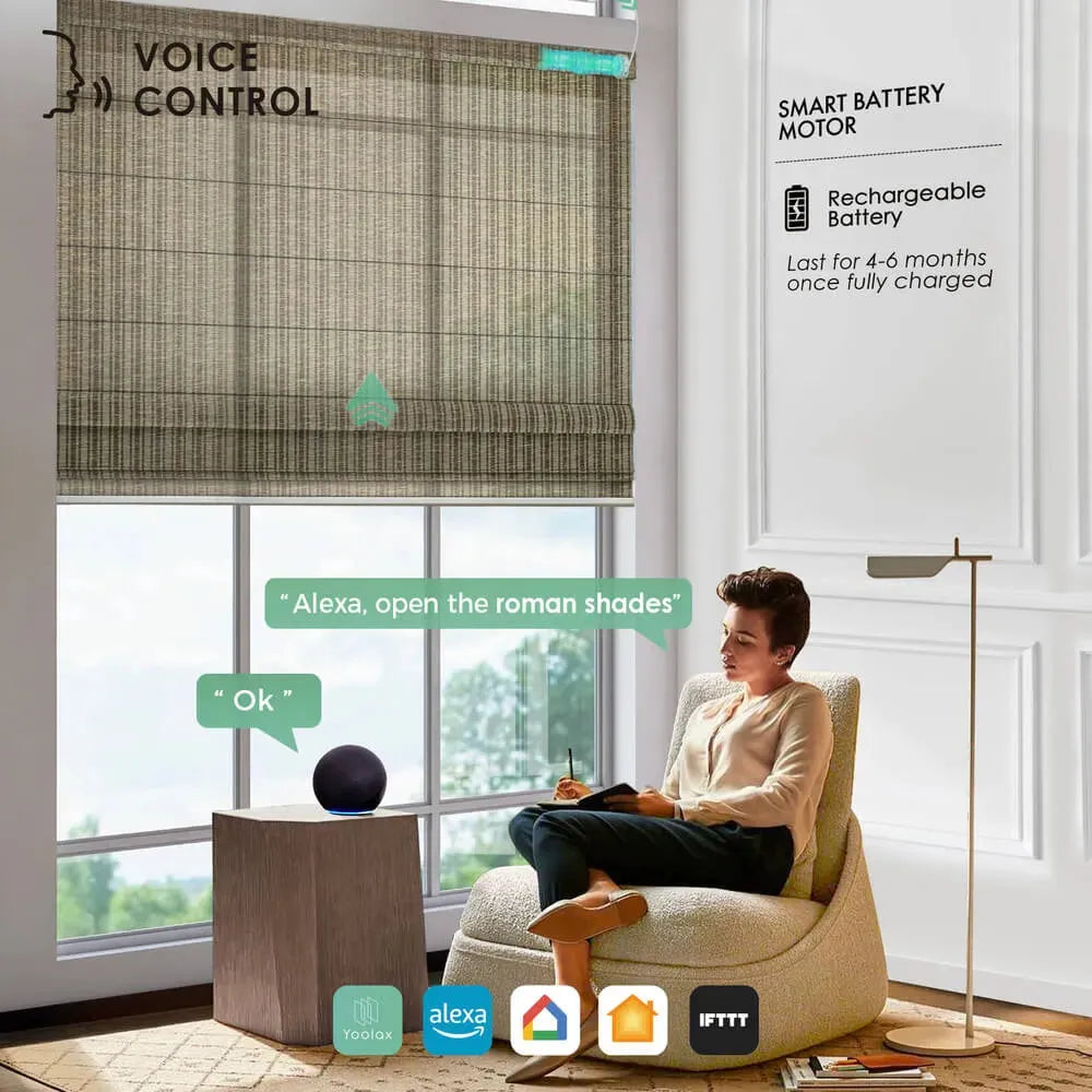 Motorised light filtering roman blinds with voice control, shown opening via Alexa in a modern living room