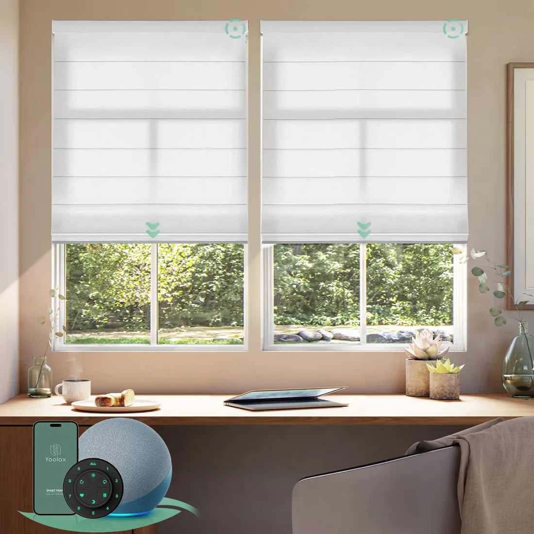 Motorised light filtering roman blinds with white fabric, softly diffusing daylight while maintaining privacy