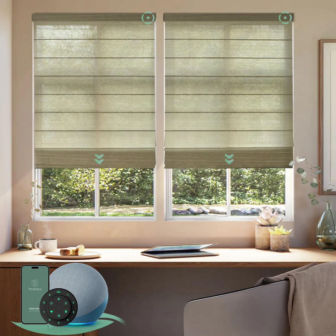 Motorised light filtering roman blinds with woven dune fabric, softly diffusing daylight while maintaining privacy