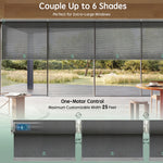 Greyish black motorised linked roller blinds with one-motor control, coupling up to 6 shades for extra-large windows up to 25 feet wide