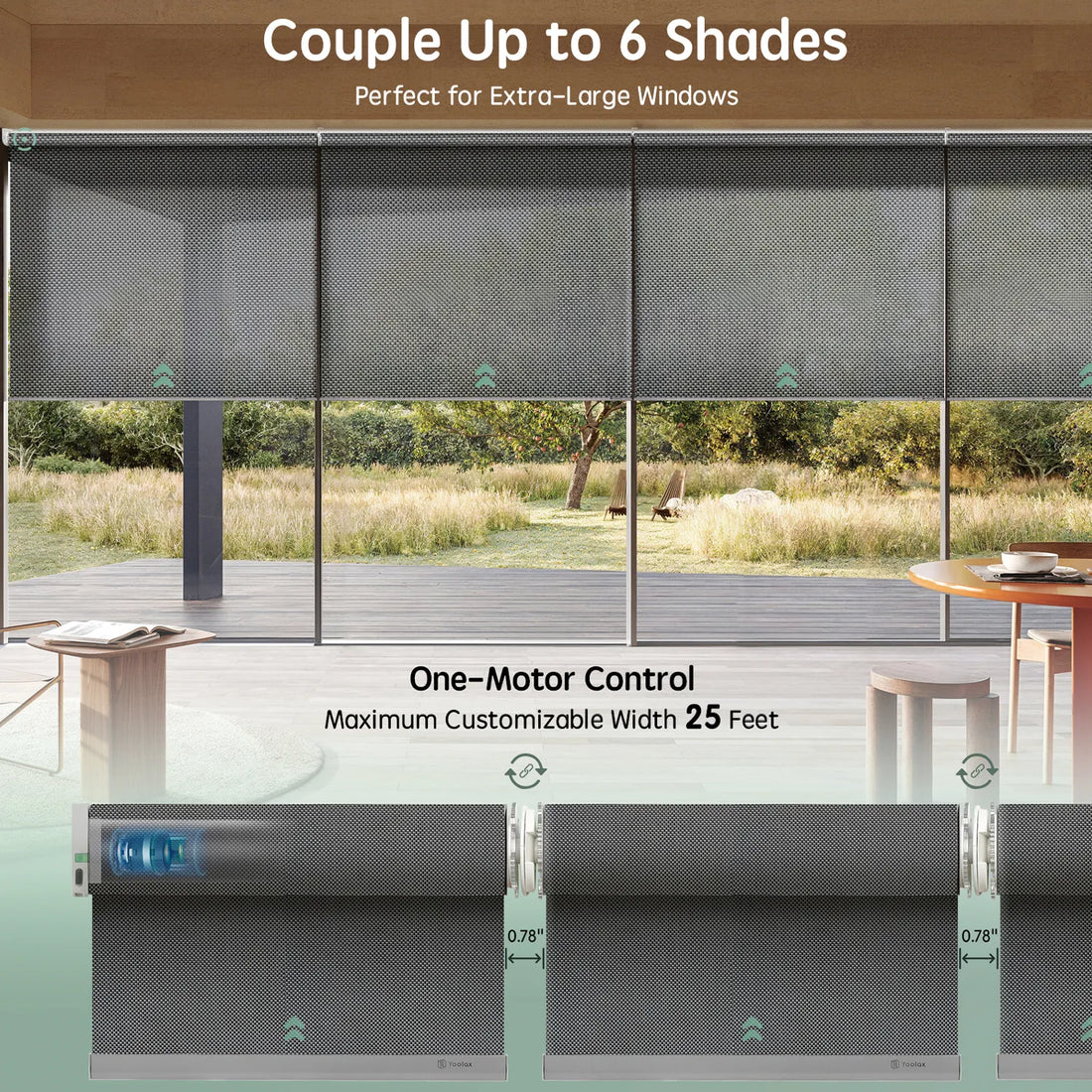 Greyish black motorised linked roller blinds with one-motor control, coupling up to 6 shades for extra-large windows up to 25 feet wide